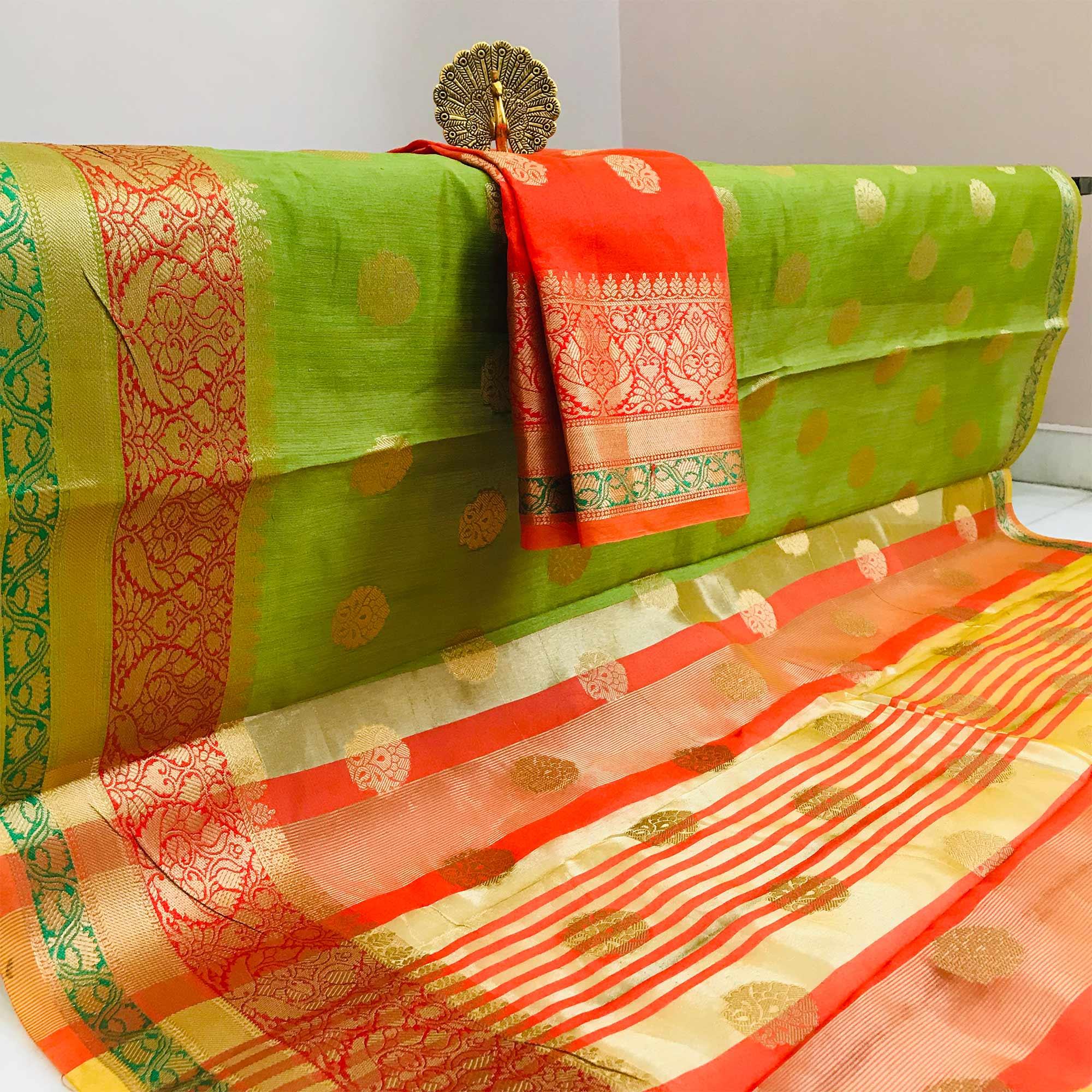 Pretty Light Green Colored Festive Wear Woven Art Silk Saree - Peachmode