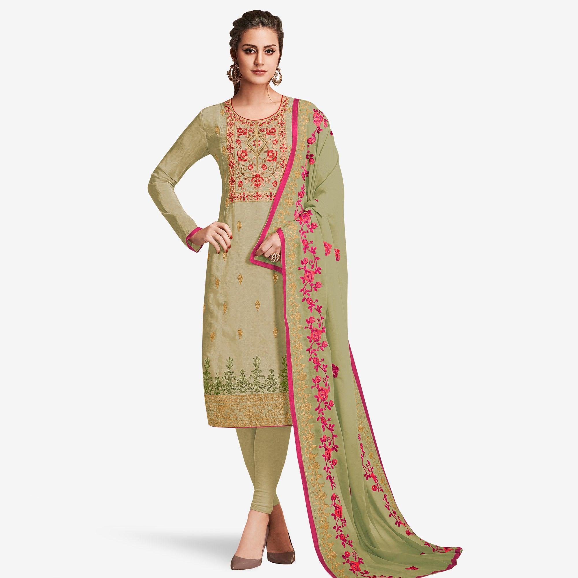 Pretty Light Olive Green Colored Partywear Embroidered Silk Suit - Peachmode