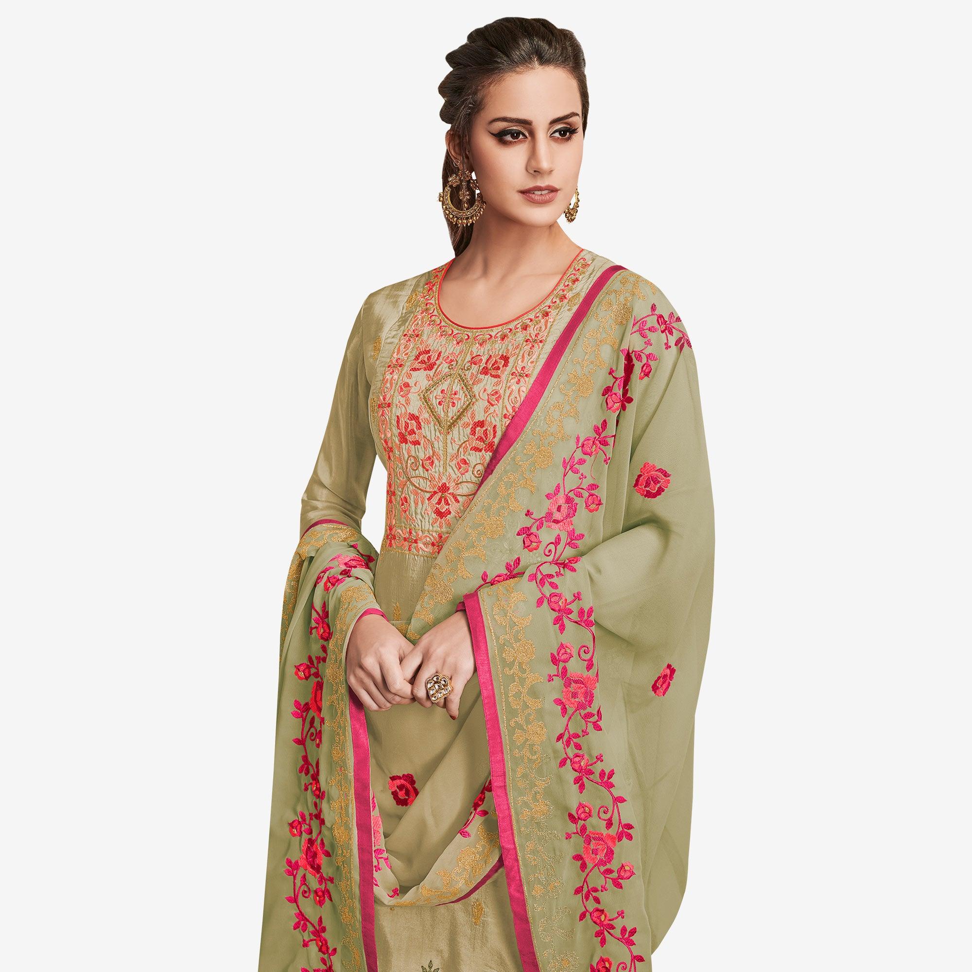 Pretty Light Olive Green Colored Partywear Embroidered Silk Suit - Peachmode