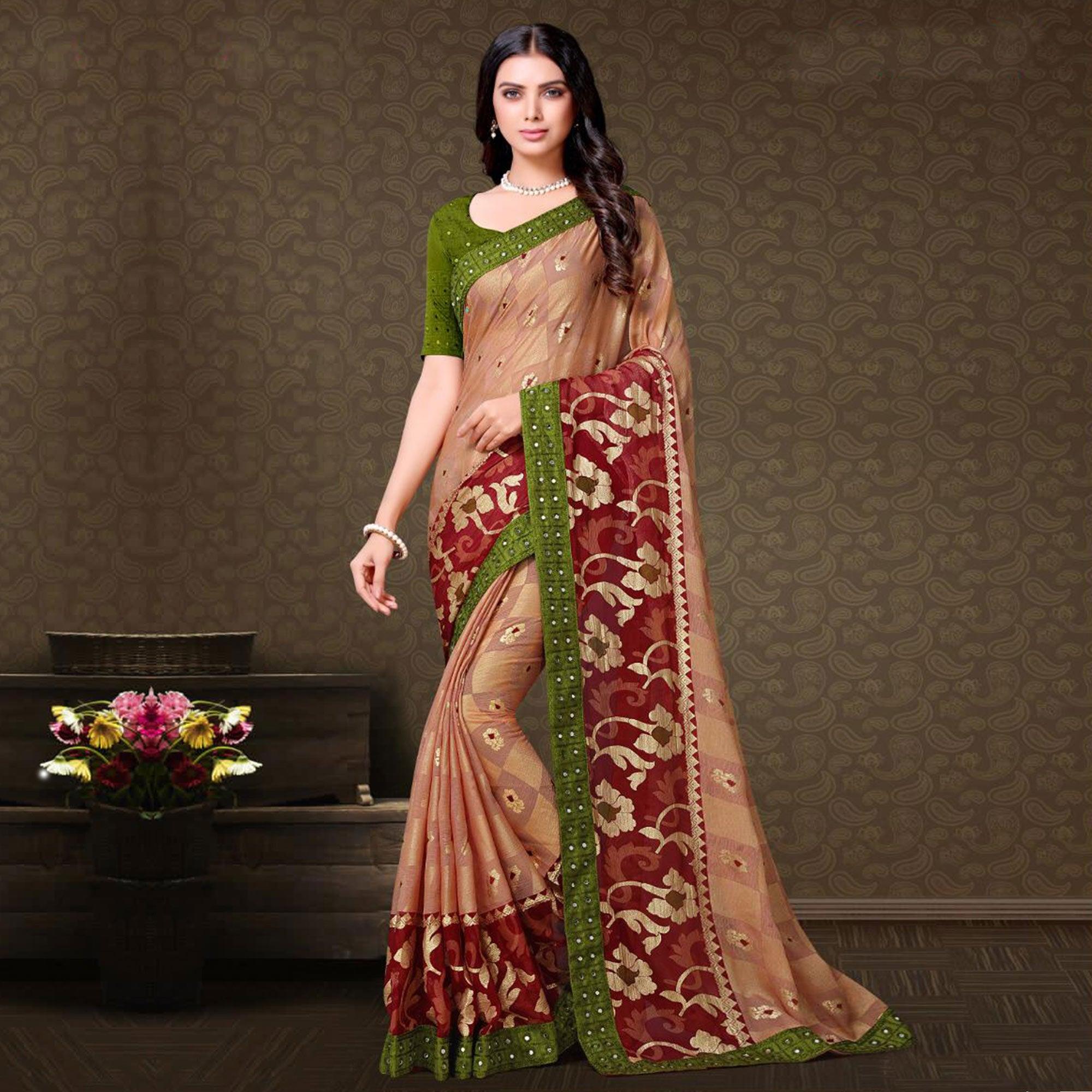 Pretty Light Peach Colored Partywear Embroidered Chiffon Brasso Saree - Peachmode
