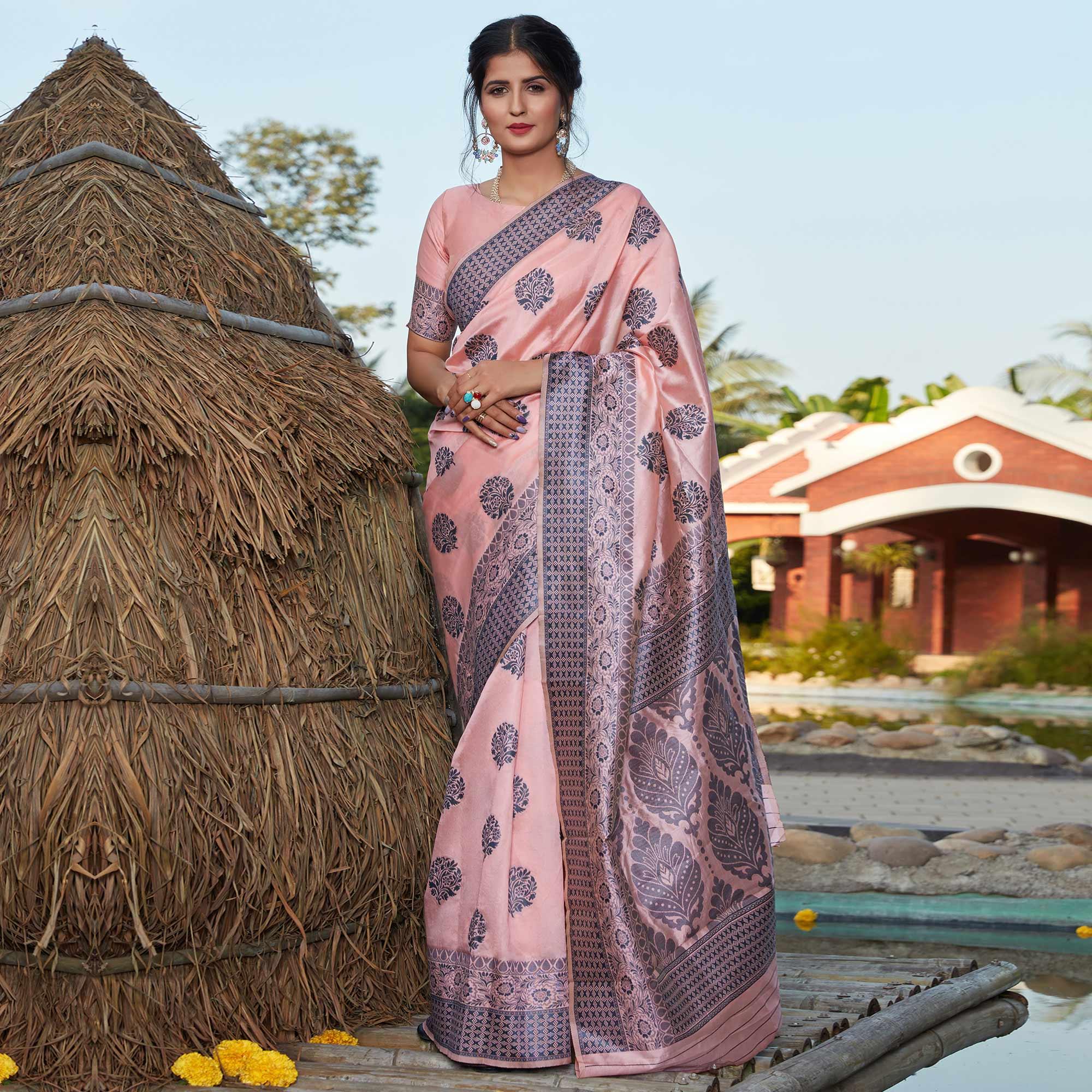 Pretty Light Pink Colored Festive Wear Woven Banarasi Silk Saree - Peachmode