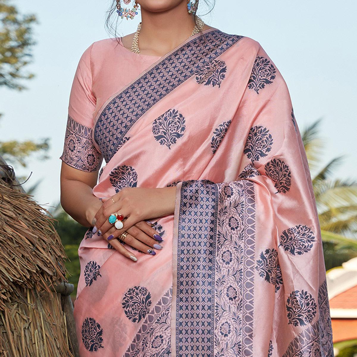 Pretty Light Pink Colored Festive Wear Woven Banarasi Silk Saree - Peachmode