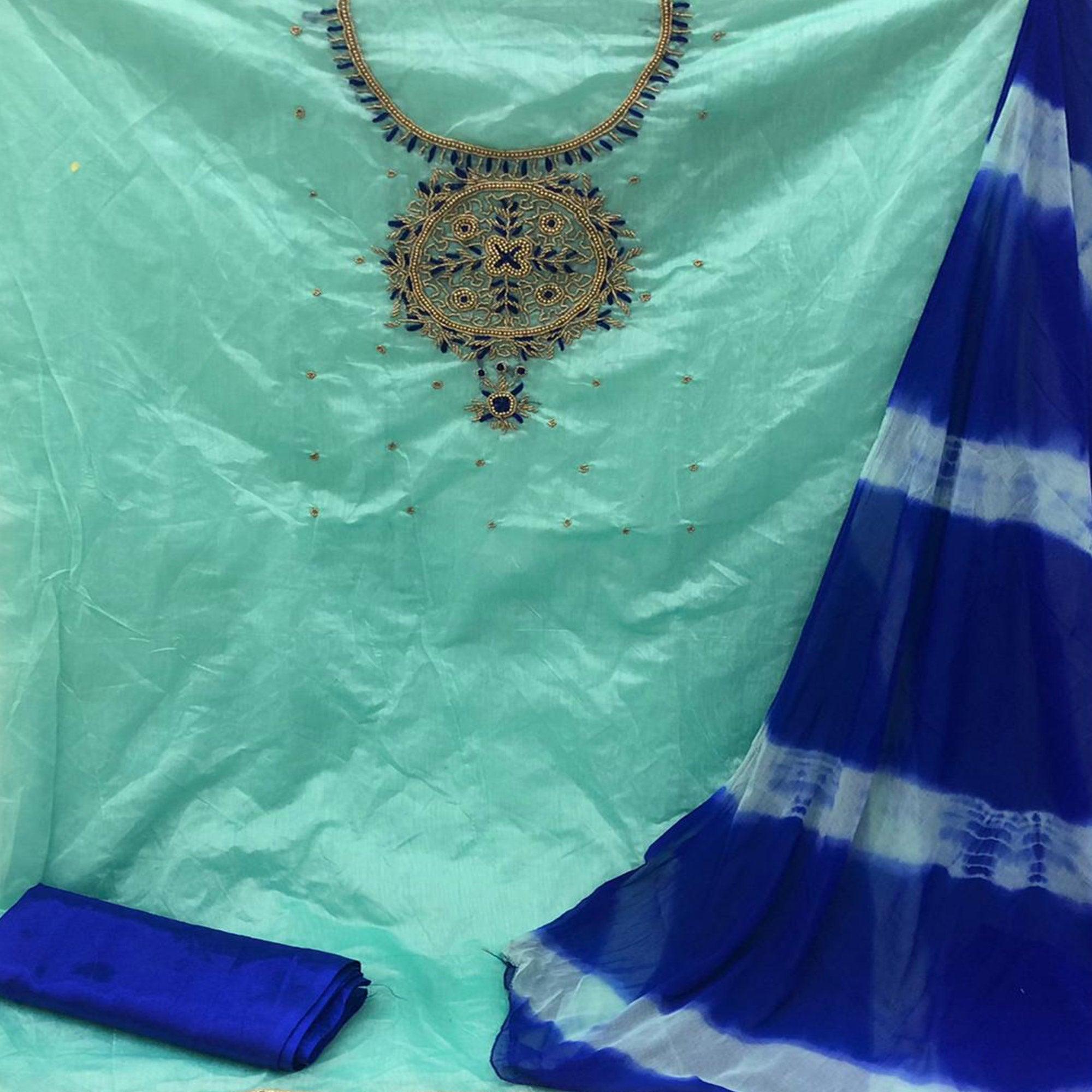 Pretty Light Rama Colored Partywear Embroidered Modal Dress Material - Peachmode