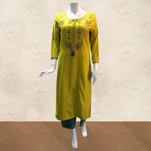 Pretty Lime Green Colored Partywear Floral Embroidered Cotton Kurti-Palazzo Set - Peachmode