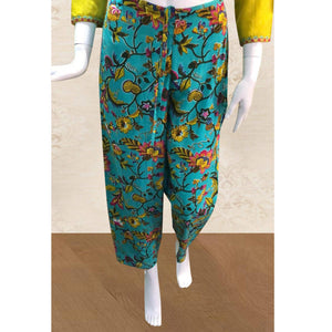 Pretty Lime Green Colored Partywear Floral Embroidered Cotton Kurti-Palazzo Set - Peachmode
