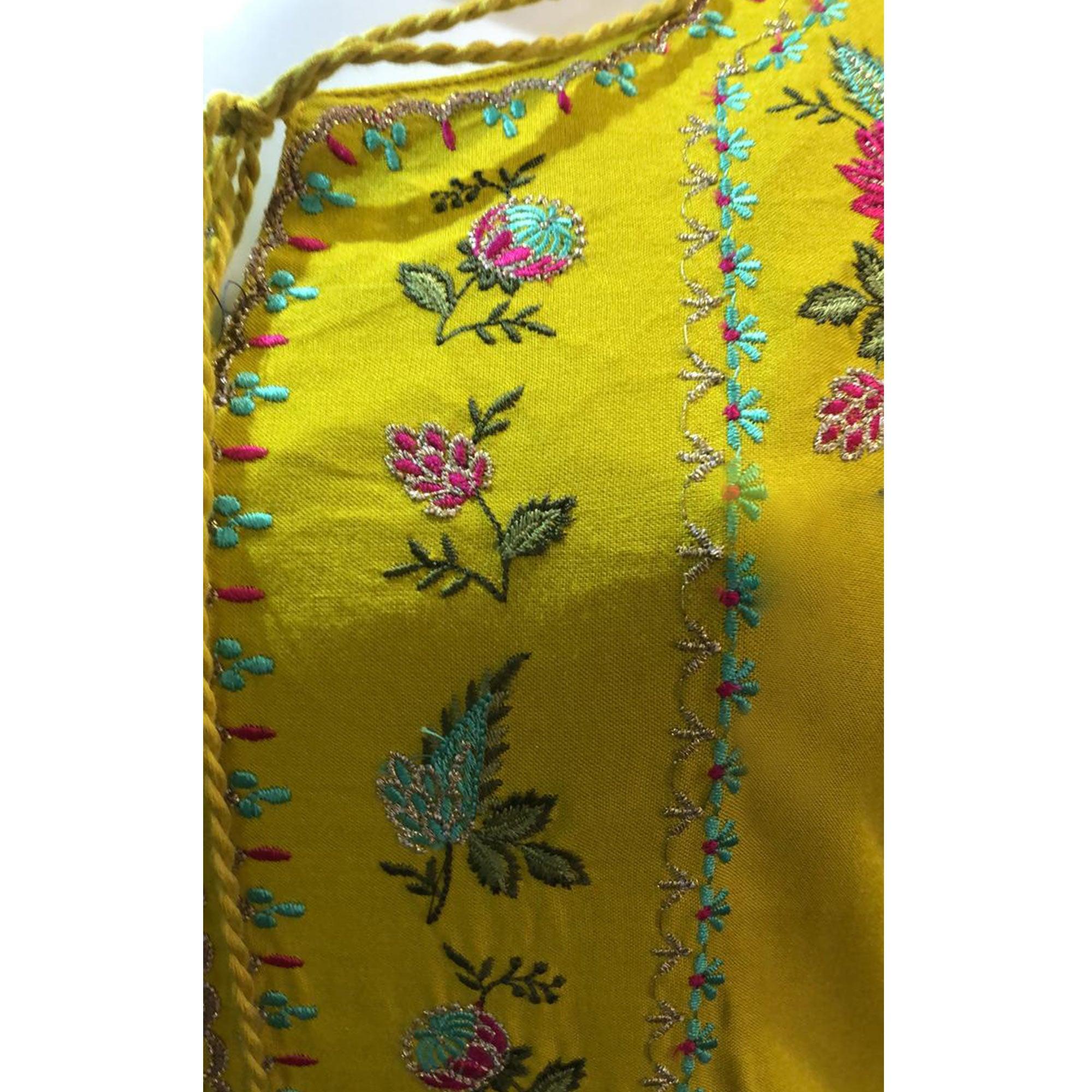 Pretty Lime Green Colored Partywear Floral Embroidered Cotton Kurti-Palazzo Set - Peachmode