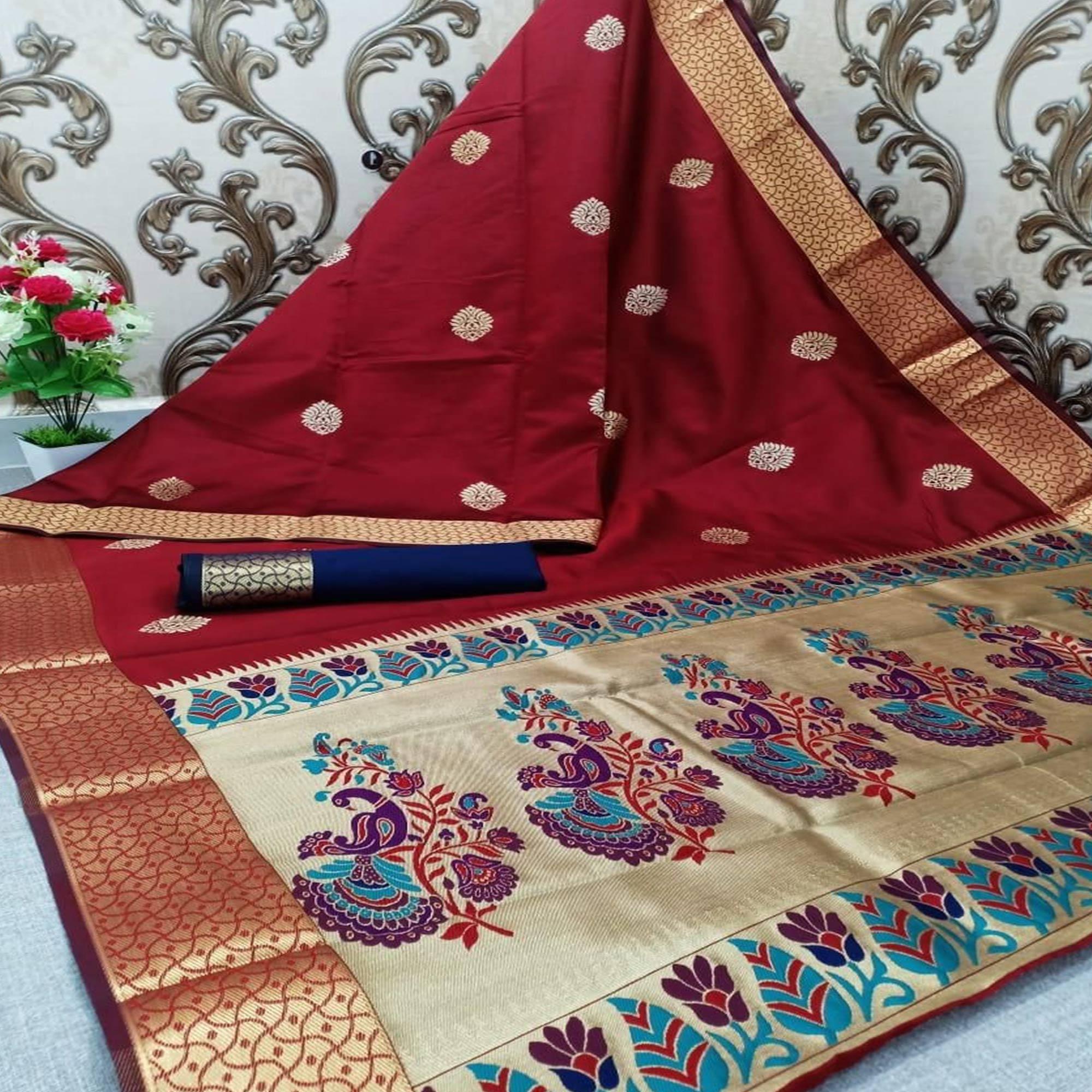 Pretty Maroon Colored Festive Wear Woven Banarasi Silk Saree - Peachmode