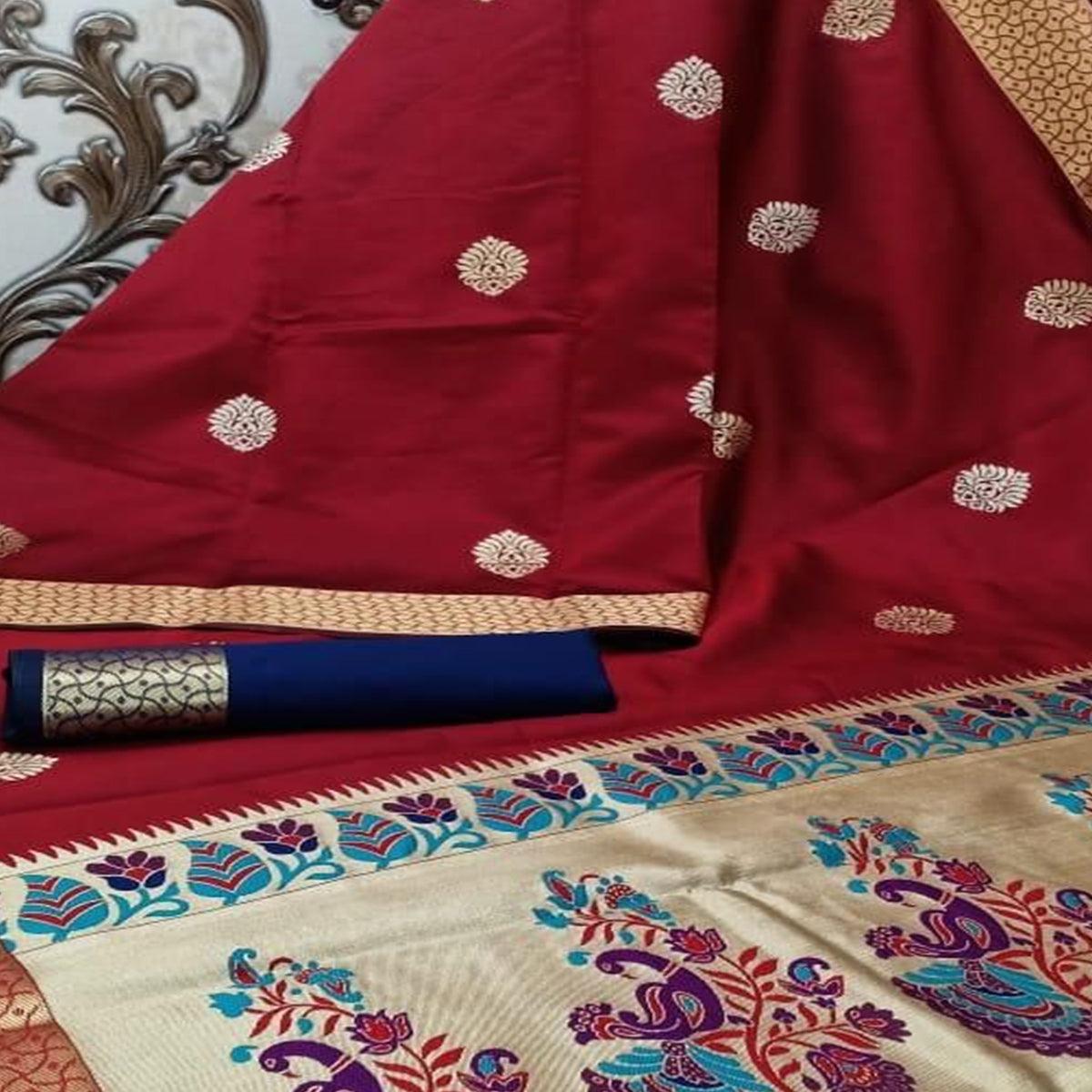 Pretty Maroon Colored Festive Wear Woven Banarasi Silk Saree - Peachmode