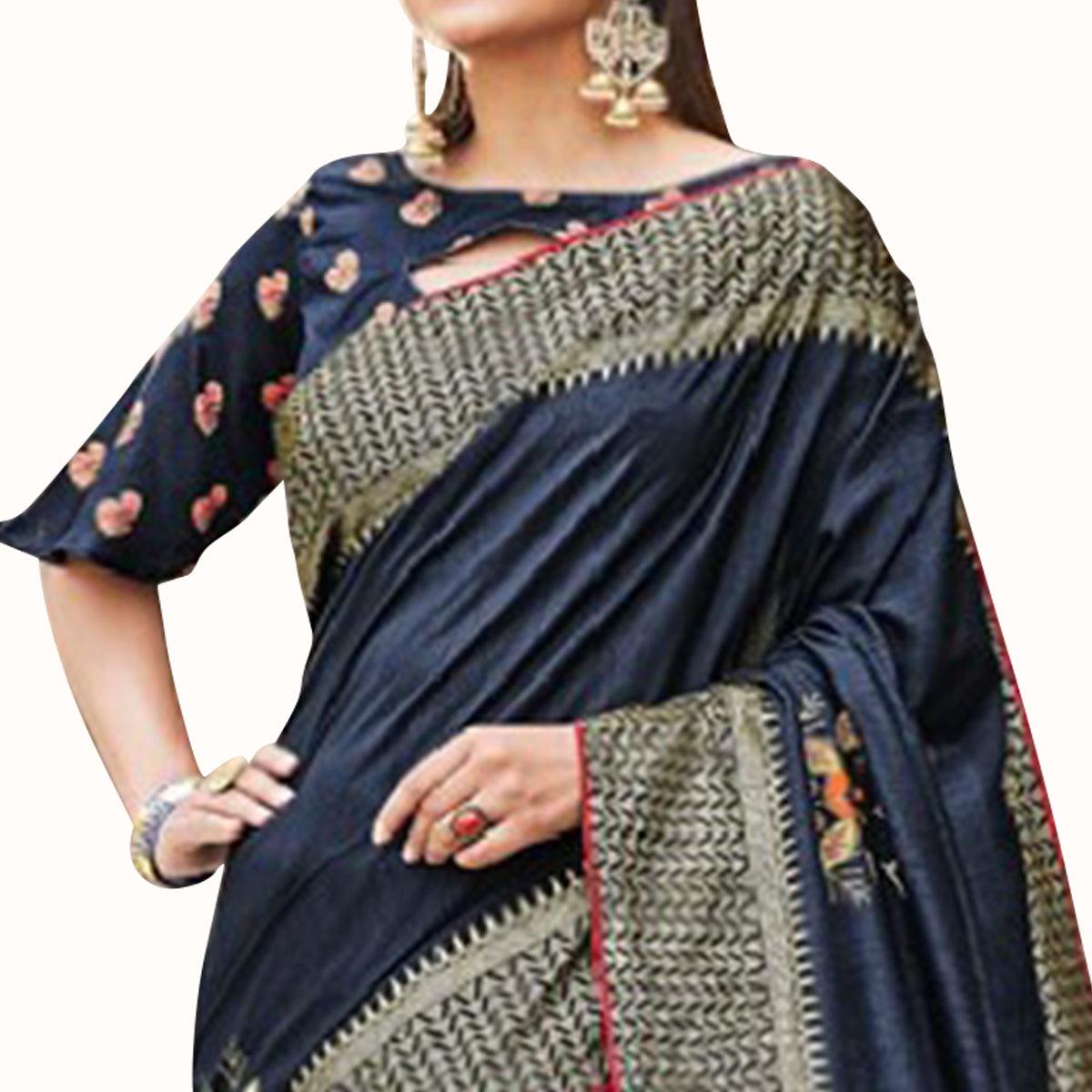 Pretty Navy Blue Colored Festive Wear Printed Silk Saree - Peachmode