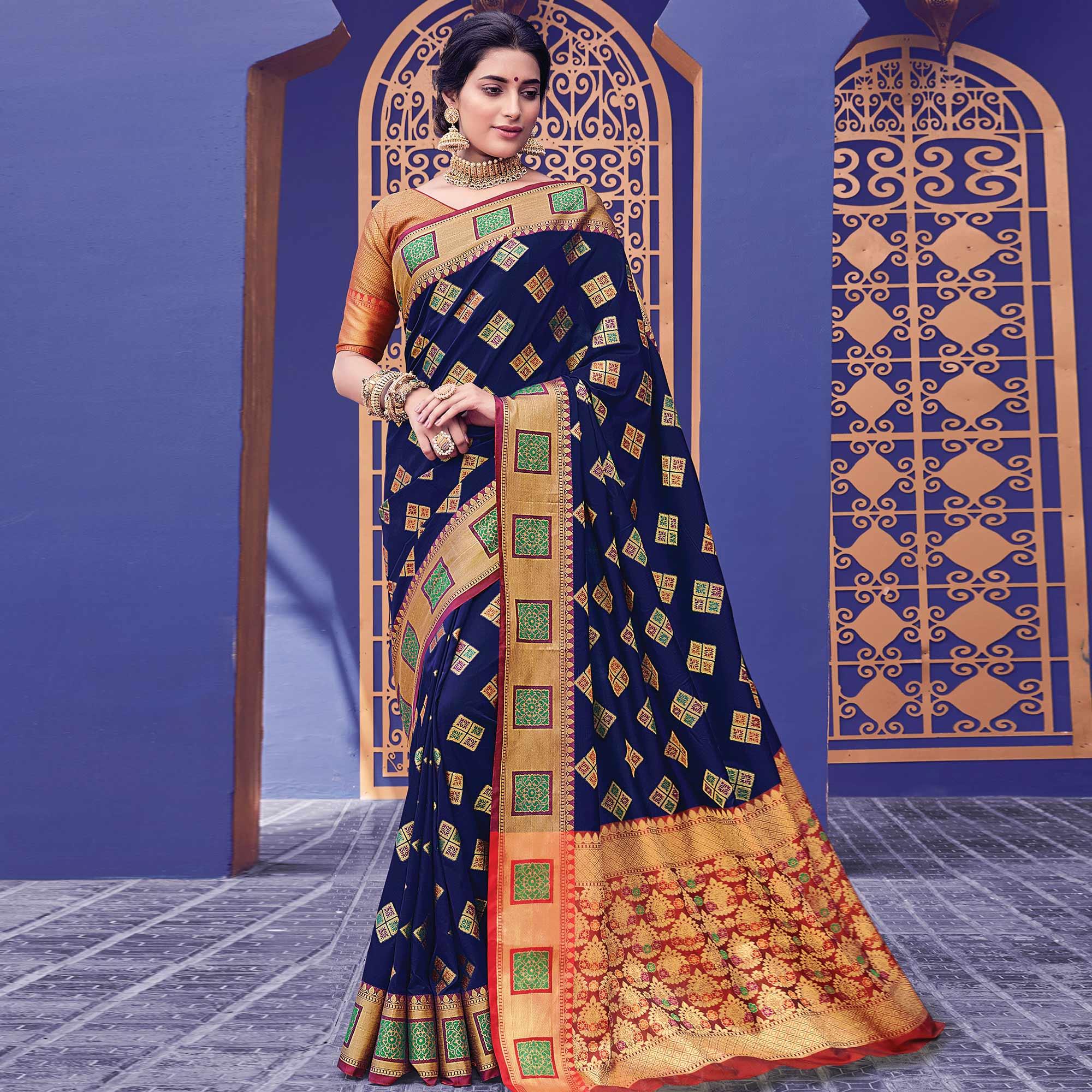 Pretty Navy Blue Colored Festive Wear Woven Heavy Banarasi Silk Saree - Peachmode