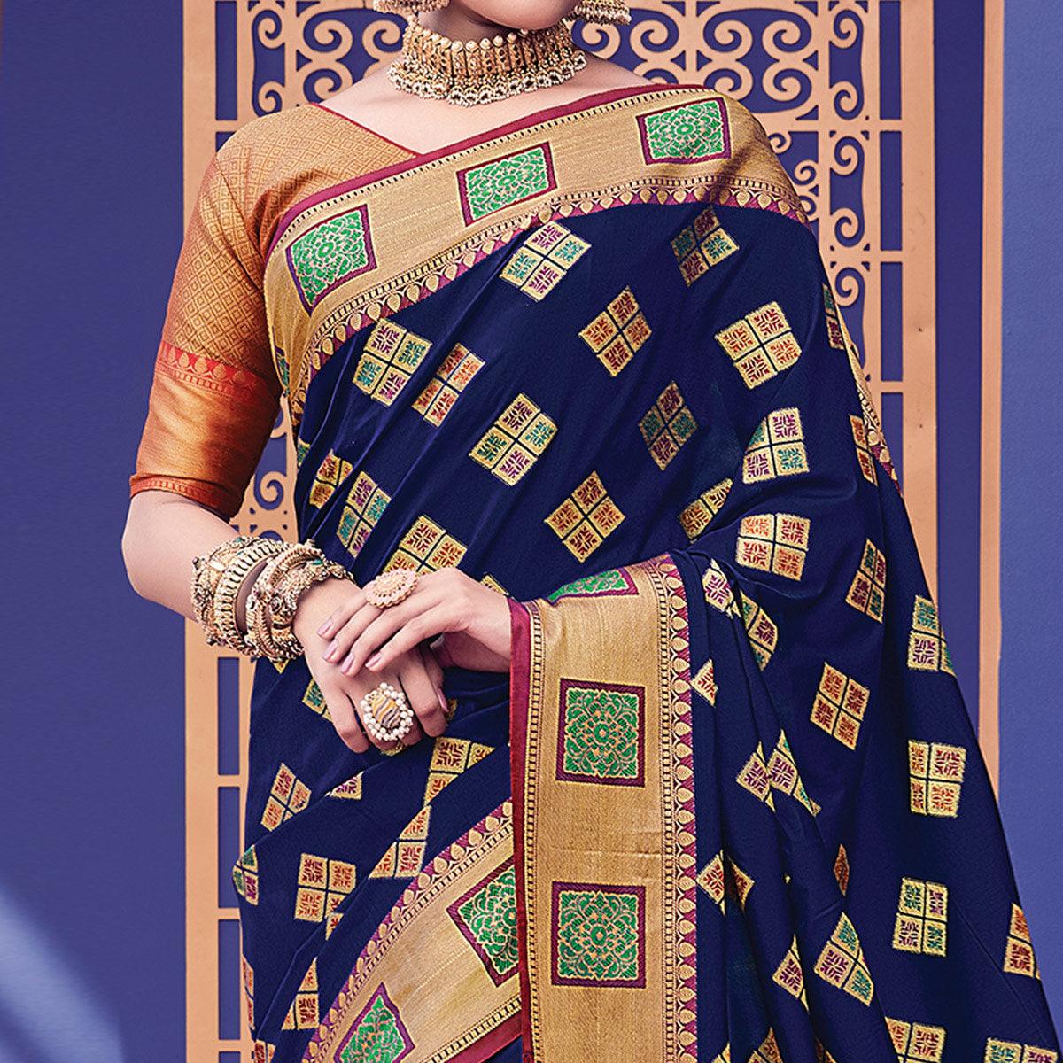 Pretty Navy Blue Colored Festive Wear Woven Heavy Banarasi Silk Saree - Peachmode