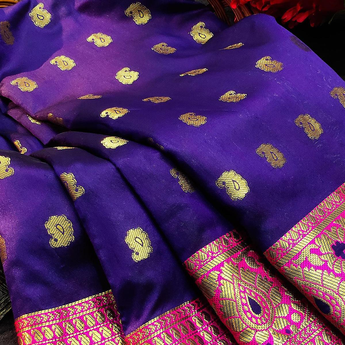 Pretty Navy Blue Colored Festive Wear Woven Kanjivaram Silk Saree - Peachmode