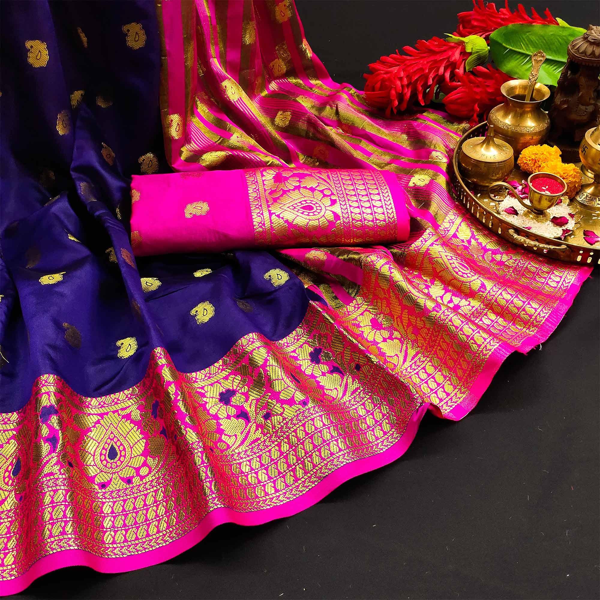Pretty Navy Blue Colored Festive Wear Woven Kanjivaram Silk Saree - Peachmode