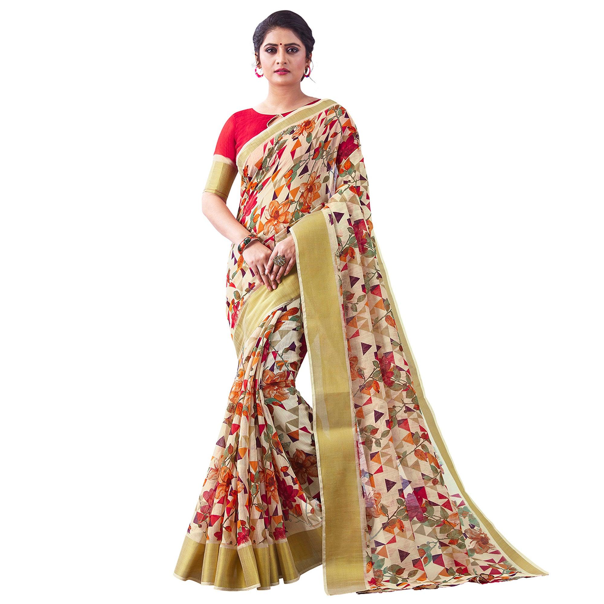 Pretty Offwhite Colored Partywear Digital Printed Linen Saree - Peachmode
