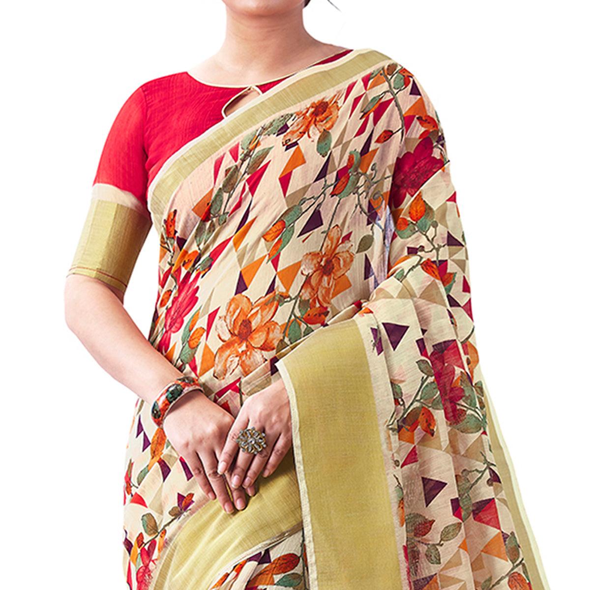 Pretty Offwhite Colored Partywear Digital Printed Linen Saree - Peachmode