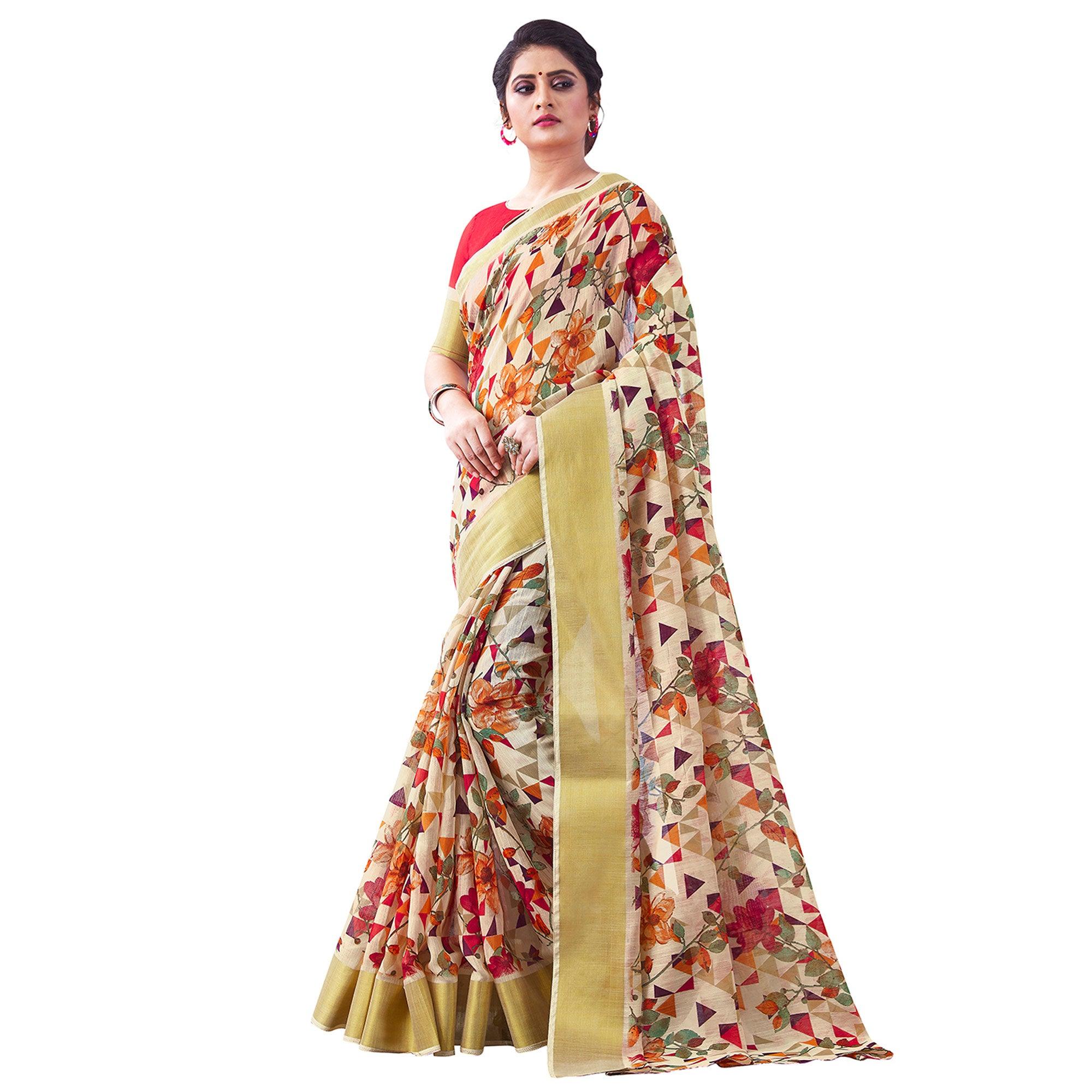 Pretty Offwhite Colored Partywear Digital Printed Linen Saree - Peachmode