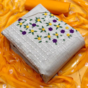 Pretty Offwhite - Yellow Colored Casual Wear Embroidered Cotton Dress Material - Peachmode