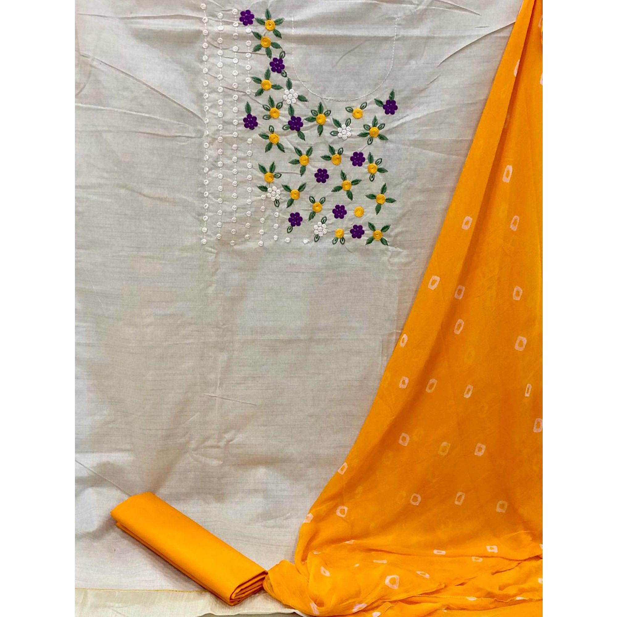 Pretty Offwhite - Yellow Colored Casual Wear Embroidered Cotton Dress Material - Peachmode