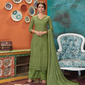 Pretty Olive Green Colored Partywear Embroidered Heavy Faux Georgette Palazzo Suit - Peachmode