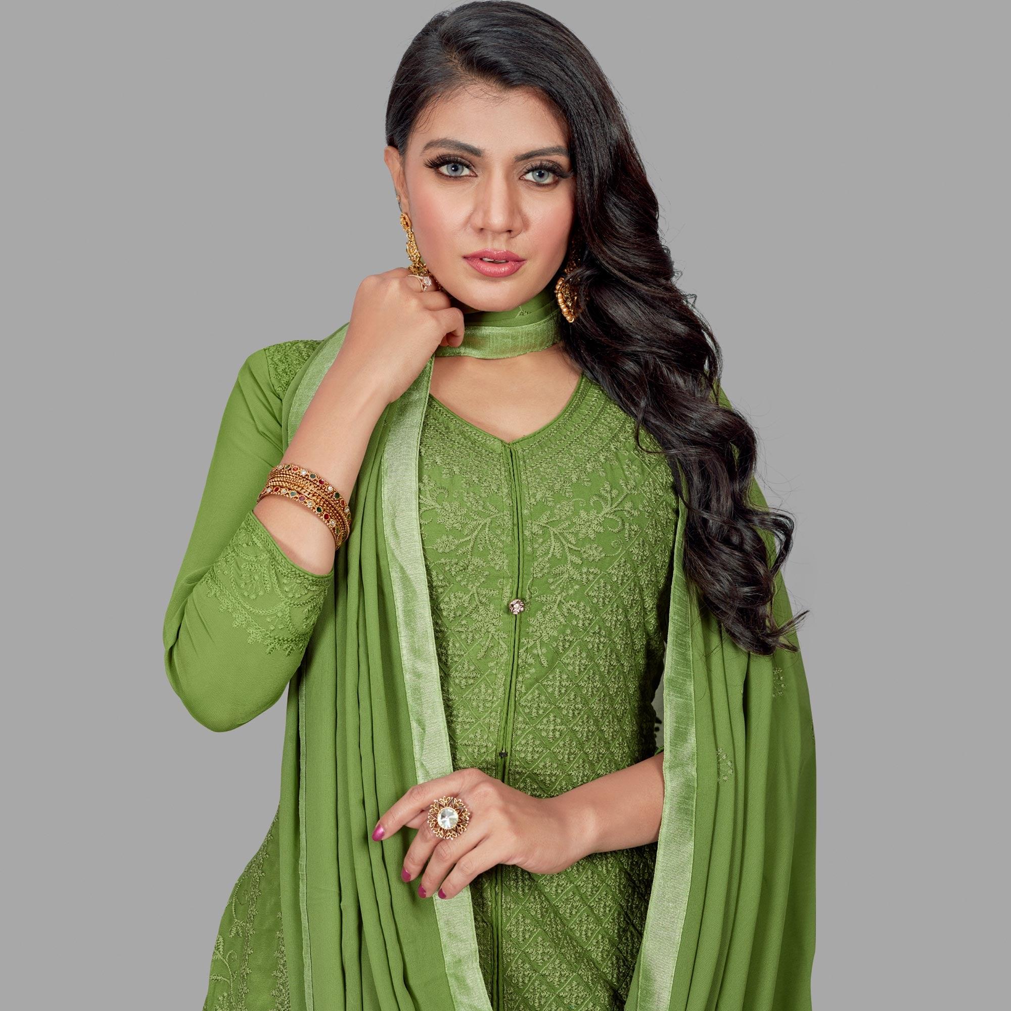 Pretty Olive Green Colored Partywear Embroidered Heavy Faux Georgette Palazzo Suit - Peachmode