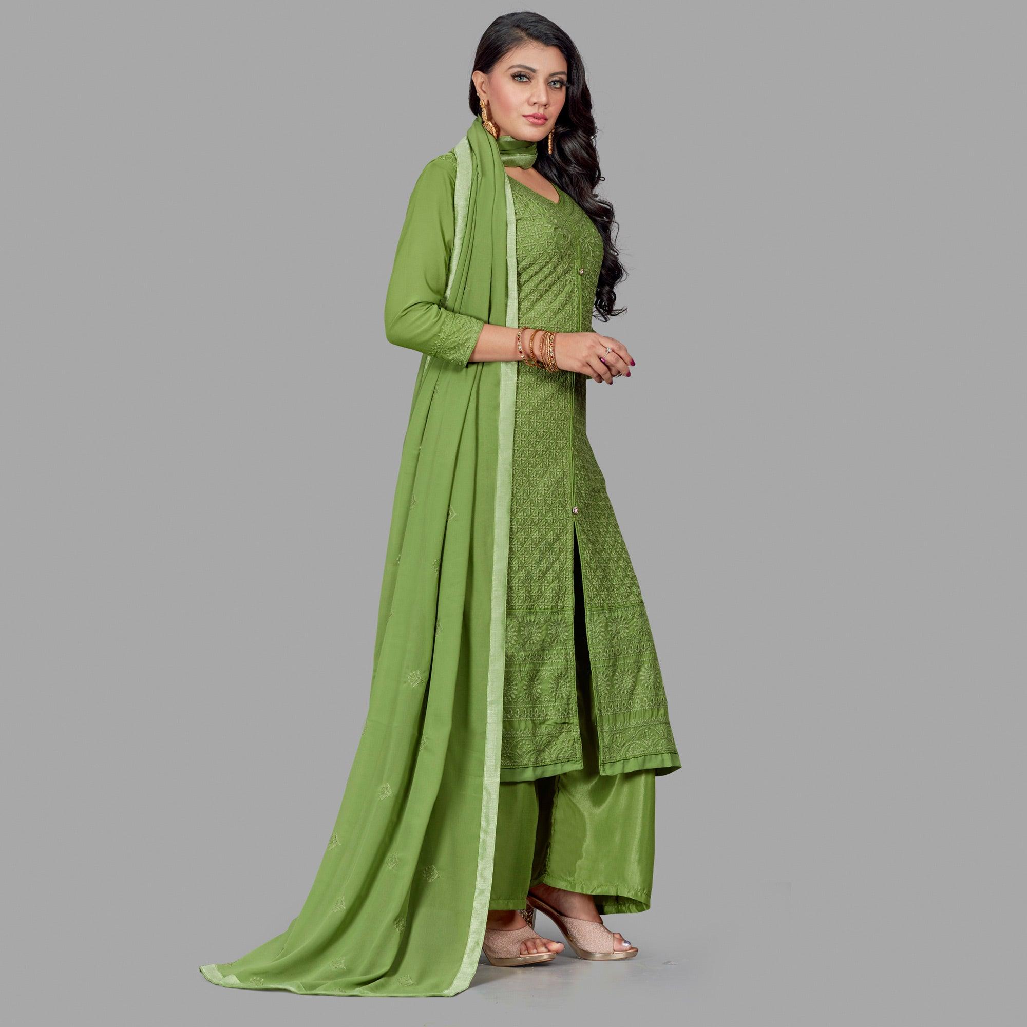 Pretty Olive Green Colored Partywear Embroidered Heavy Faux Georgette Palazzo Suit - Peachmode