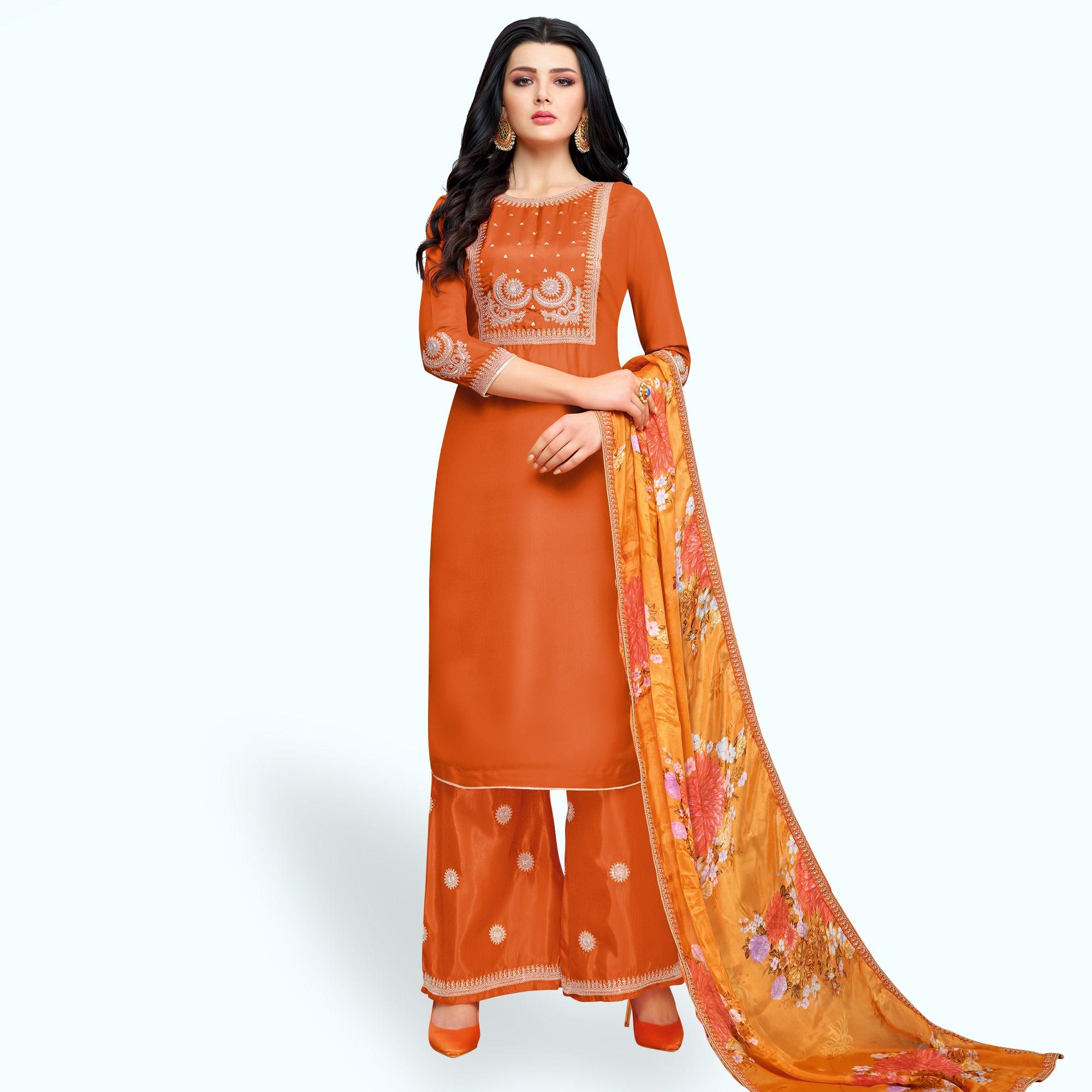 Pretty Orange Colored Partywear Embroidered Silk Palazzo Suit - Peachmode