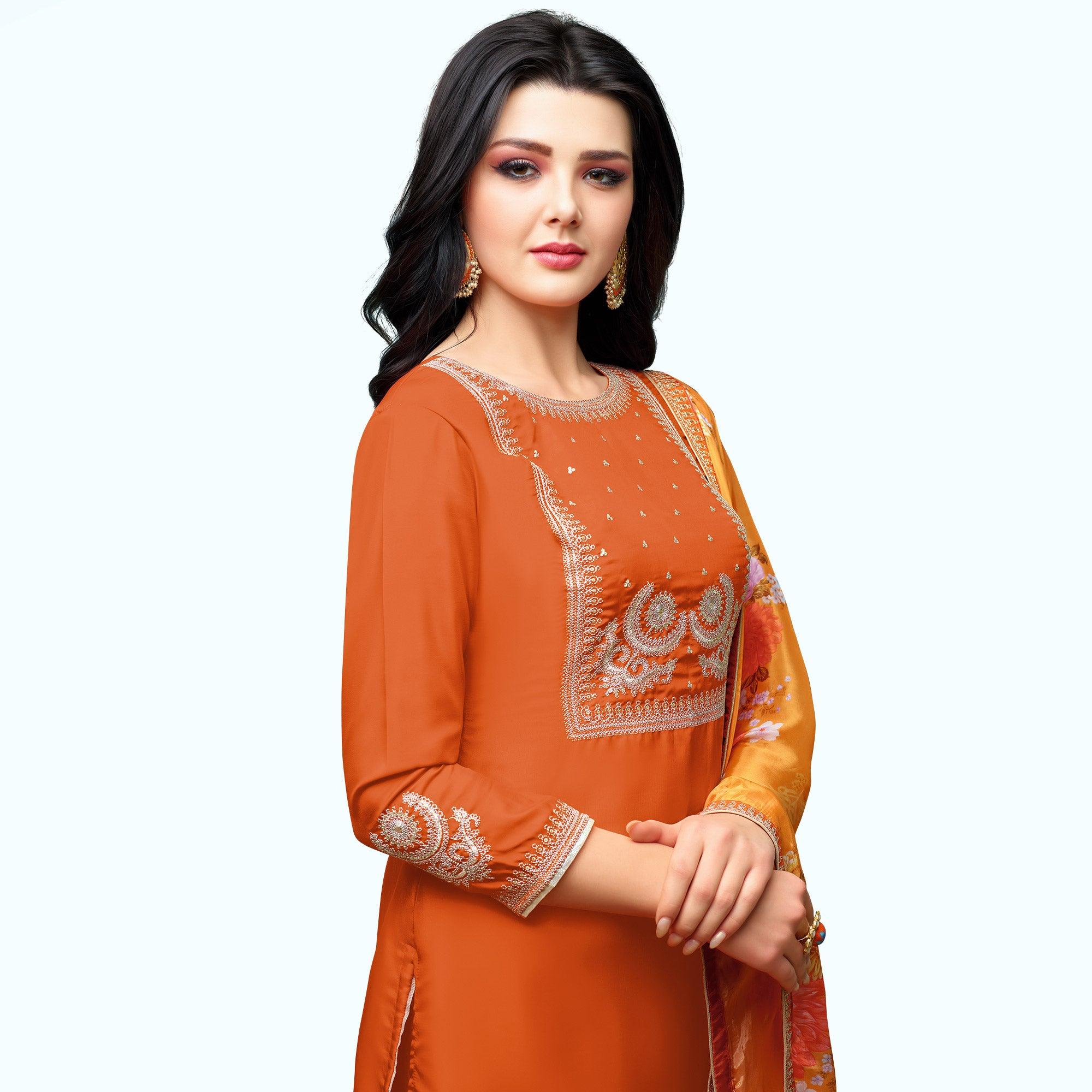 Pretty Orange Colored Partywear Embroidered Silk Palazzo Suit - Peachmode