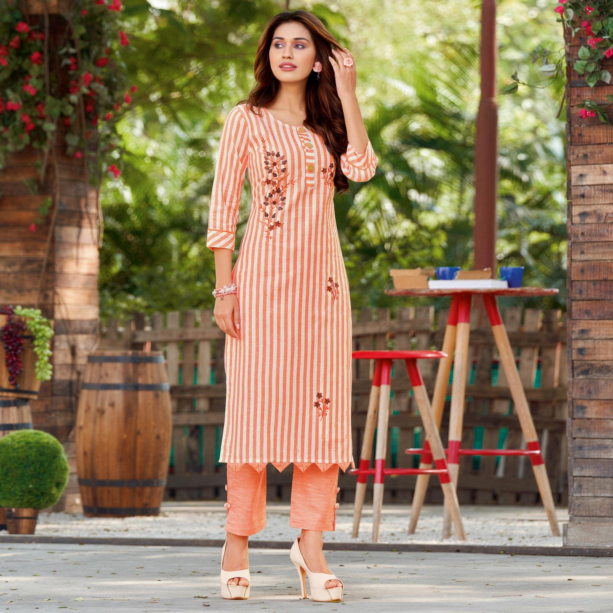 Pretty Peach Colored Casual Wear Embroidered Cotton Kurti - Pant Set - Peachmode
