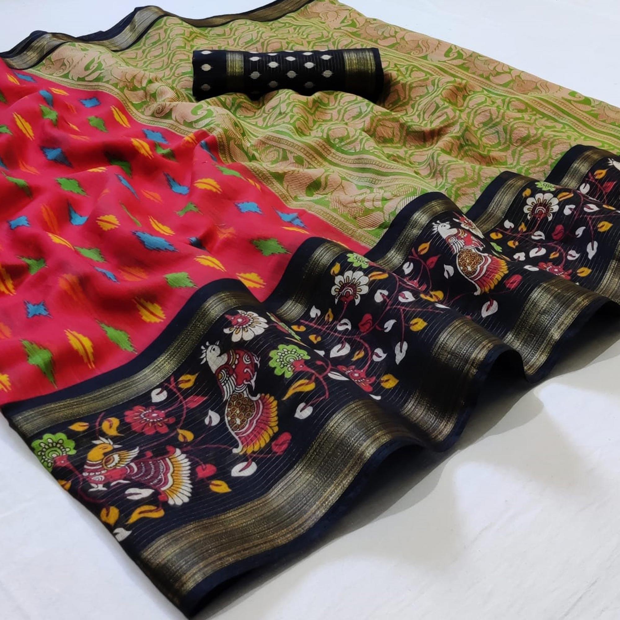 Pretty Pink Colored Casual Wear Printed Cotton Saree - Peachmode