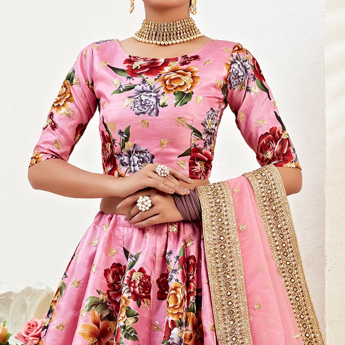 Pretty Pink Colored Designer Wedding Wear Floral Printed Banglori Satin Lehenga Choli - Peachmode