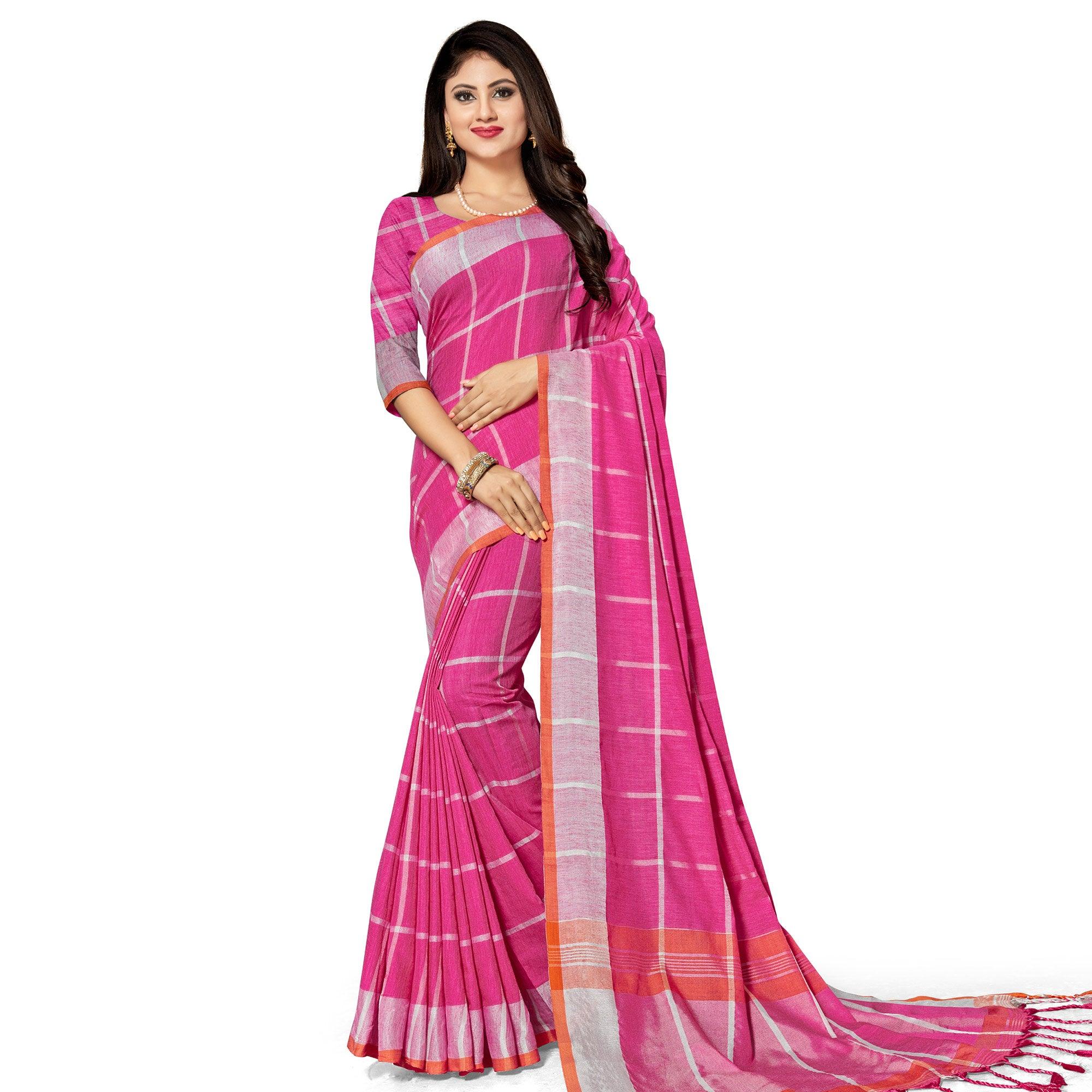 Pretty Pink Colored Fesive Wear Stripe Print Cotton Silk Saree With Tassels - Peachmode