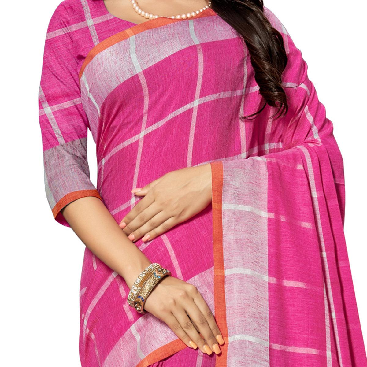 Pretty Pink Colored Fesive Wear Stripe Print Cotton Silk Saree With Tassels - Peachmode