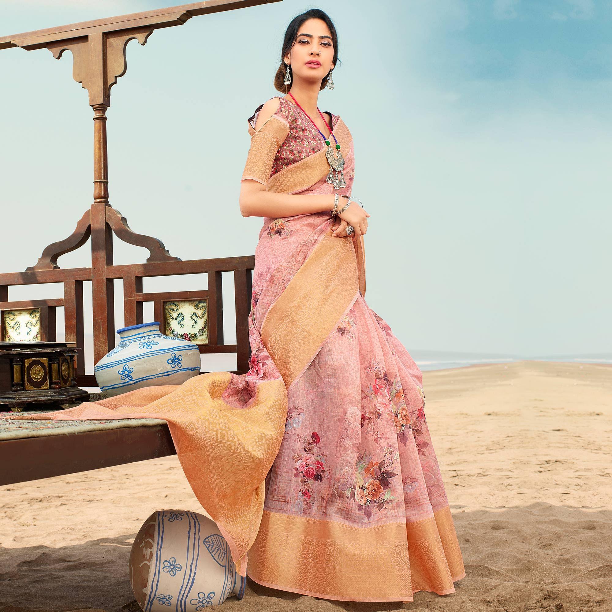Pretty Pink Colored Festive Wear Digital Floral Printed Linen Saree - Peachmode
