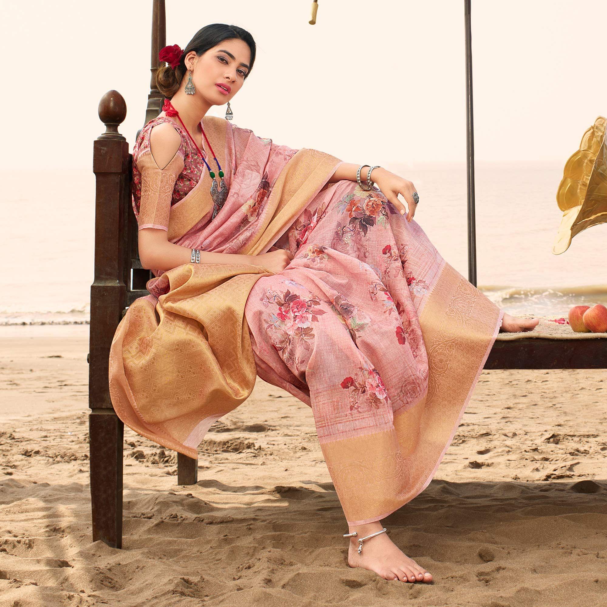 Pretty Pink Colored Festive Wear Digital Floral Printed Linen Saree - Peachmode