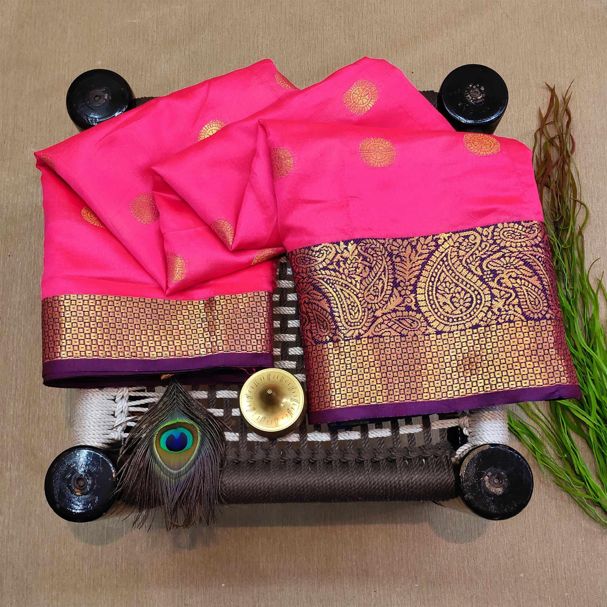 Pretty Pink Colored Festive Wear Woven Kanjivaram Silk Saree - Peachmode