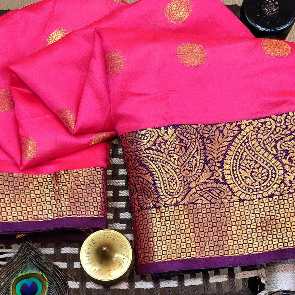 Pretty Pink Colored Festive Wear Woven Kanjivaram Silk Saree - Peachmode