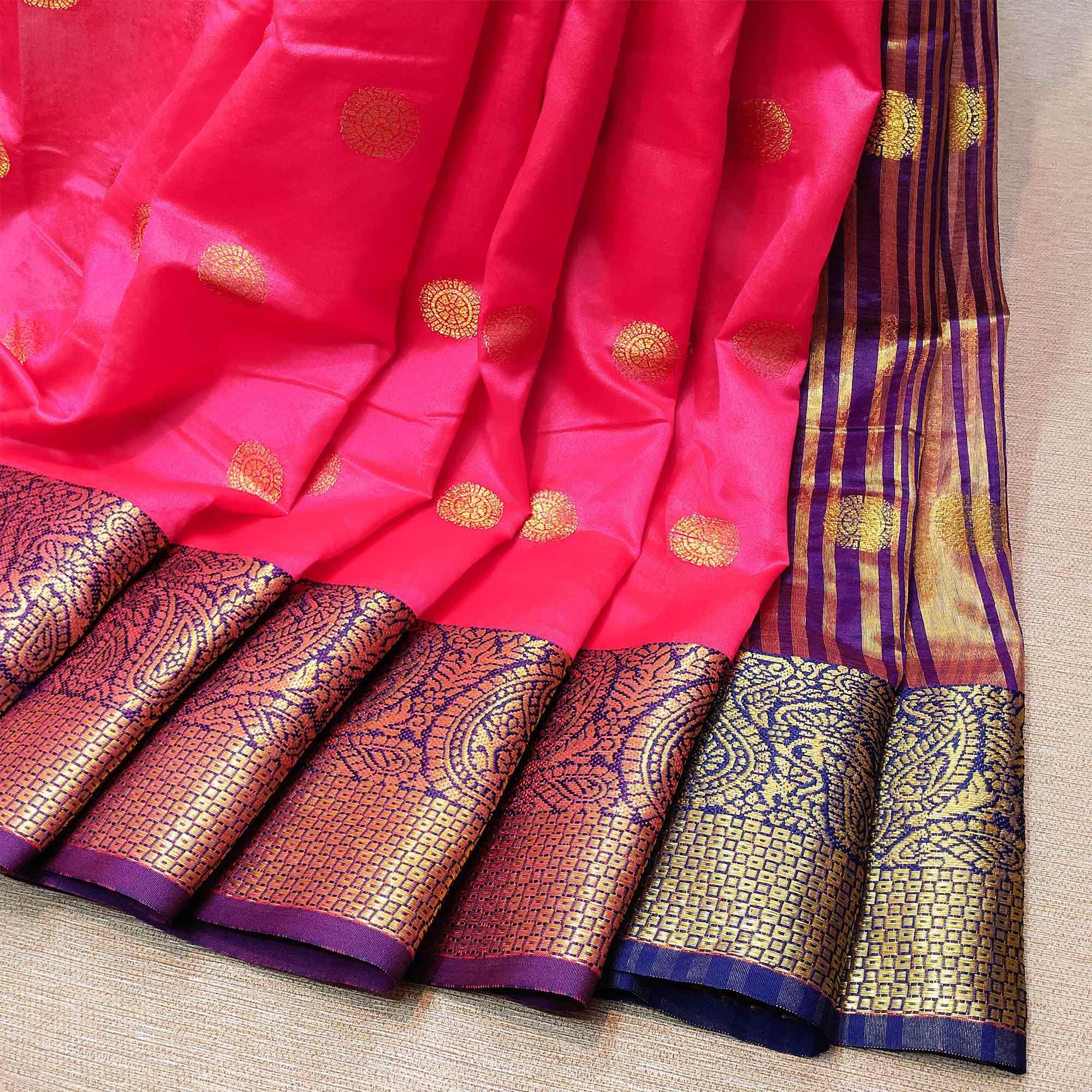 Pretty Pink Colored Festive Wear Woven Kanjivaram Silk Saree - Peachmode