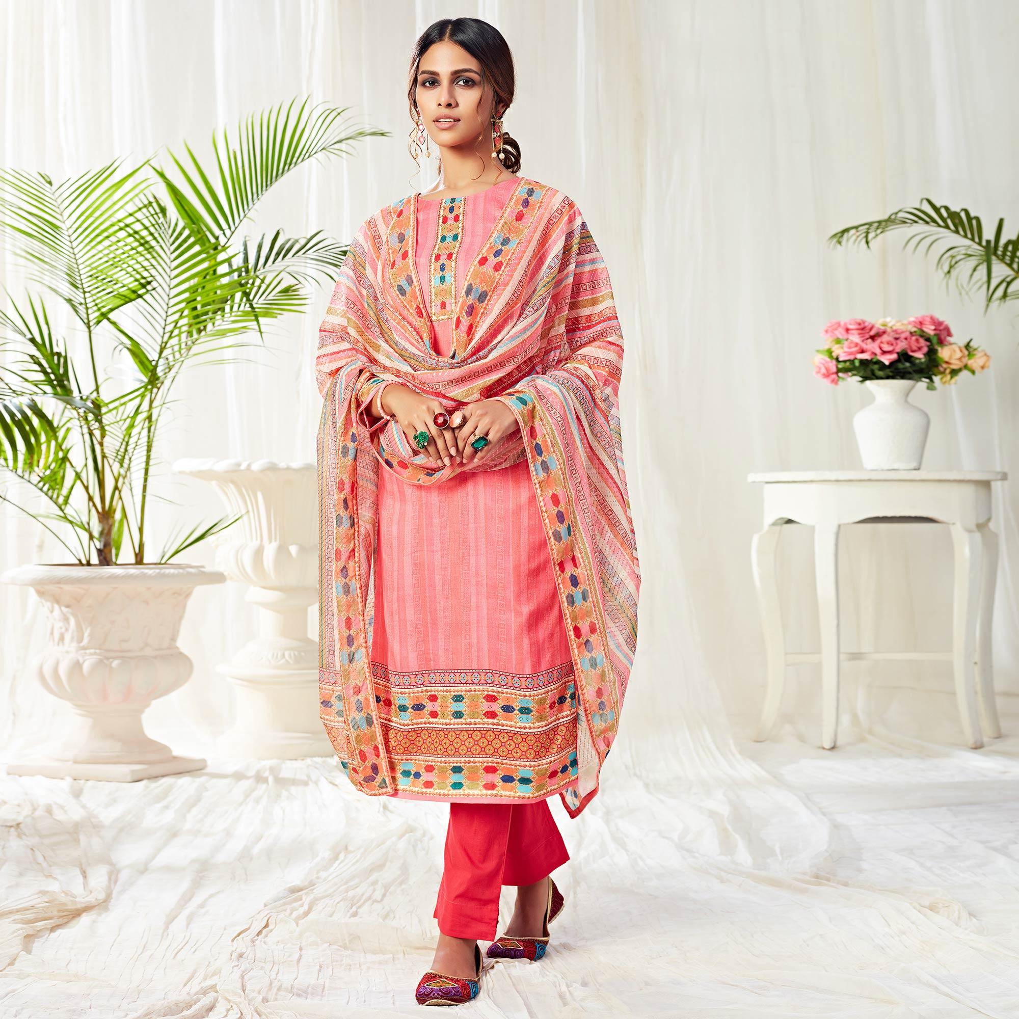 Pretty Pink Colored Partywear Digital Printed Cotton Suit - Peachmode