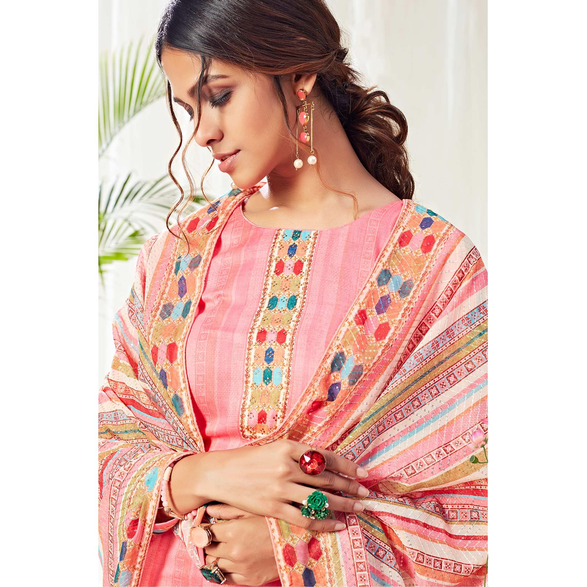 Pretty Pink Colored Partywear Digital Printed Cotton Suit - Peachmode