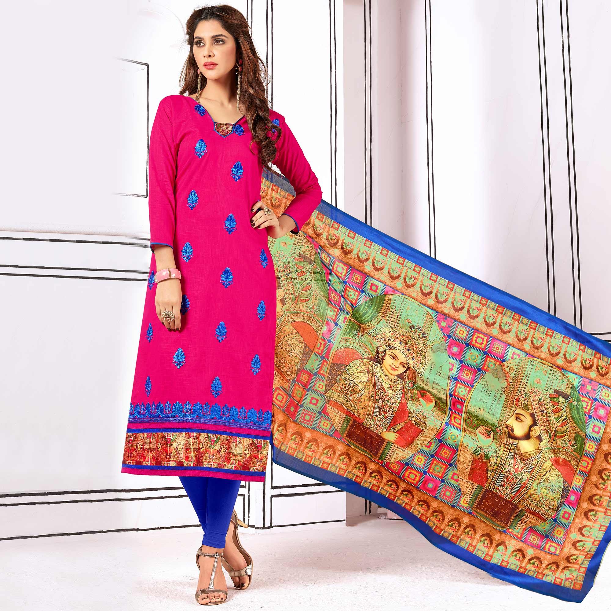 Pretty Pink Colored Partywear Embroidered Cotton Suit - Peachmode