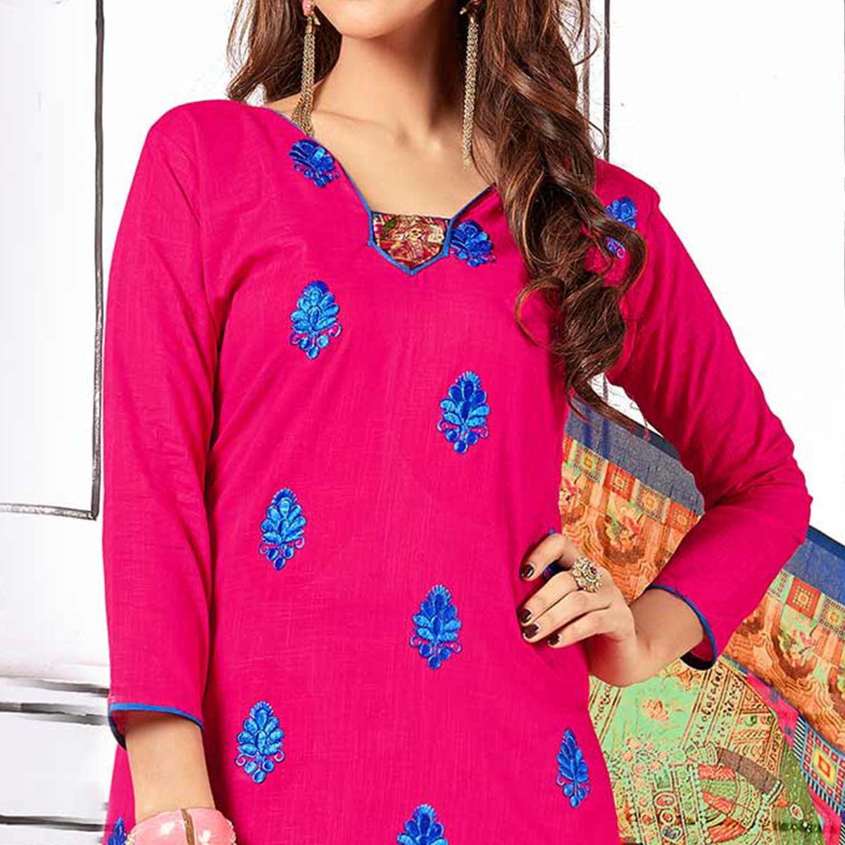Pretty Pink Colored Partywear Embroidered Cotton Suit - Peachmode
