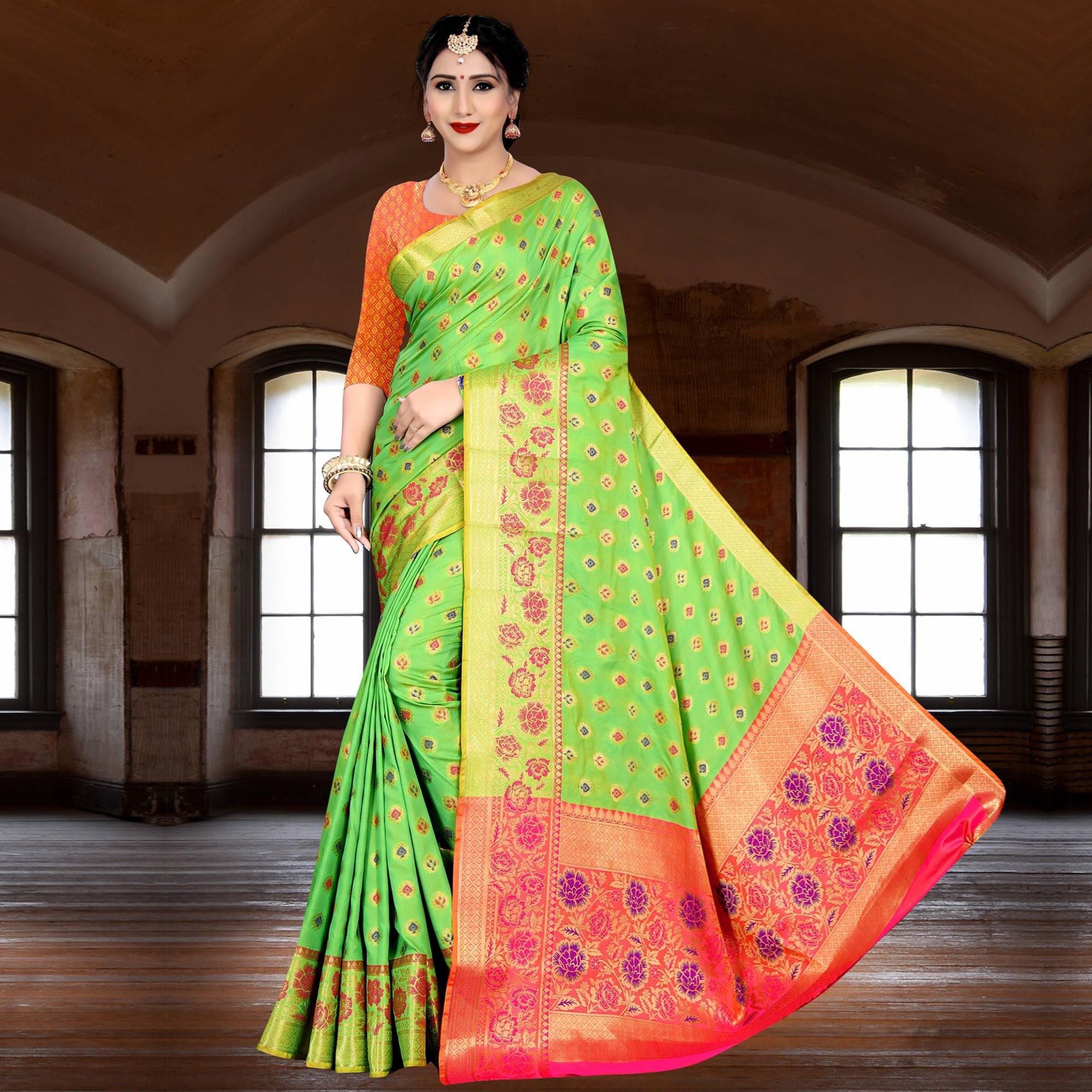 Pretty Pista Green Colored Festive Wear Woven Silk Saree - Peachmode