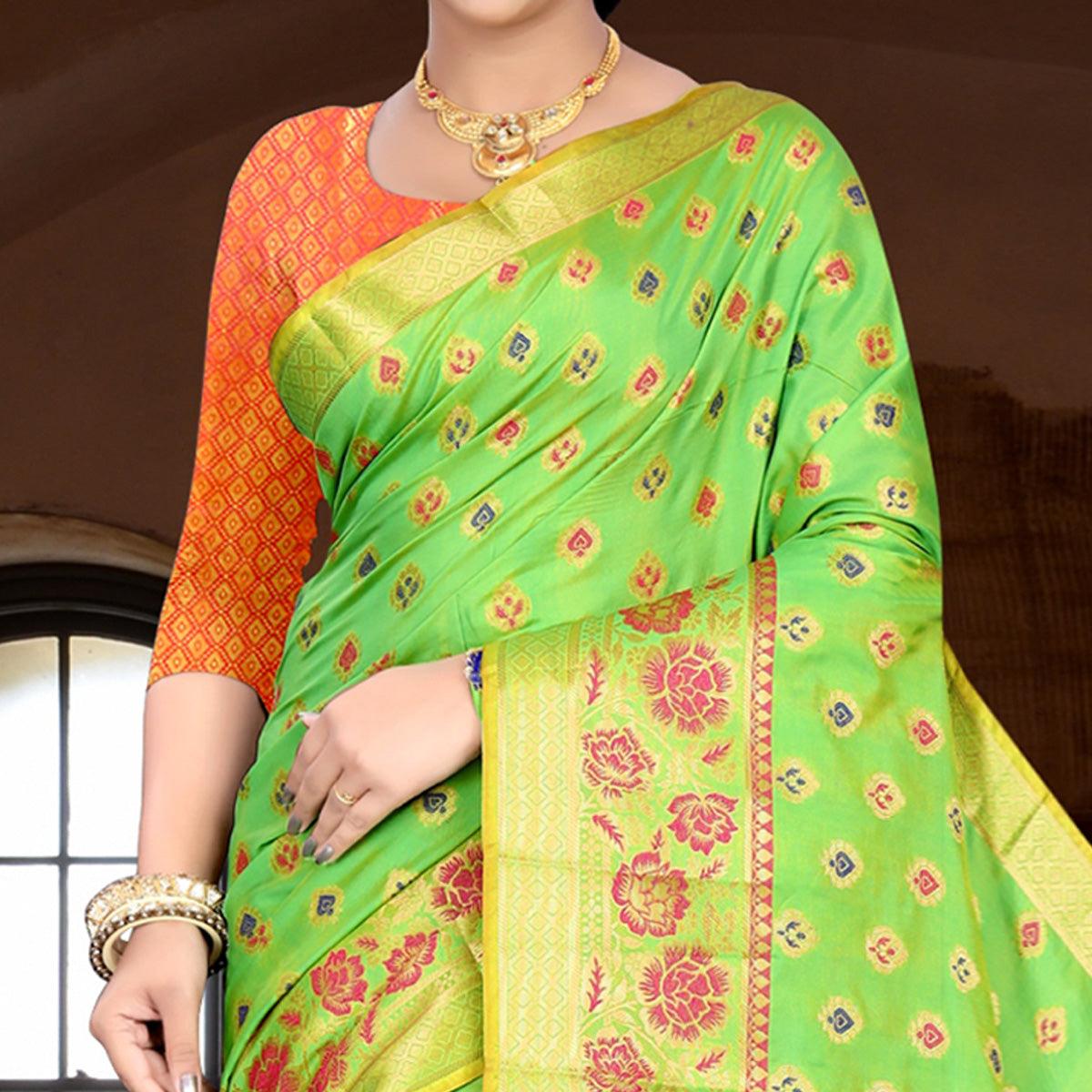 Pretty Pista Green Colored Festive Wear Woven Silk Saree - Peachmode