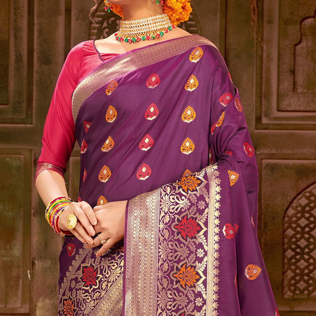 Pretty Purple Colored Festive Wear Woven Banarasi Silk Saree - Peachmode