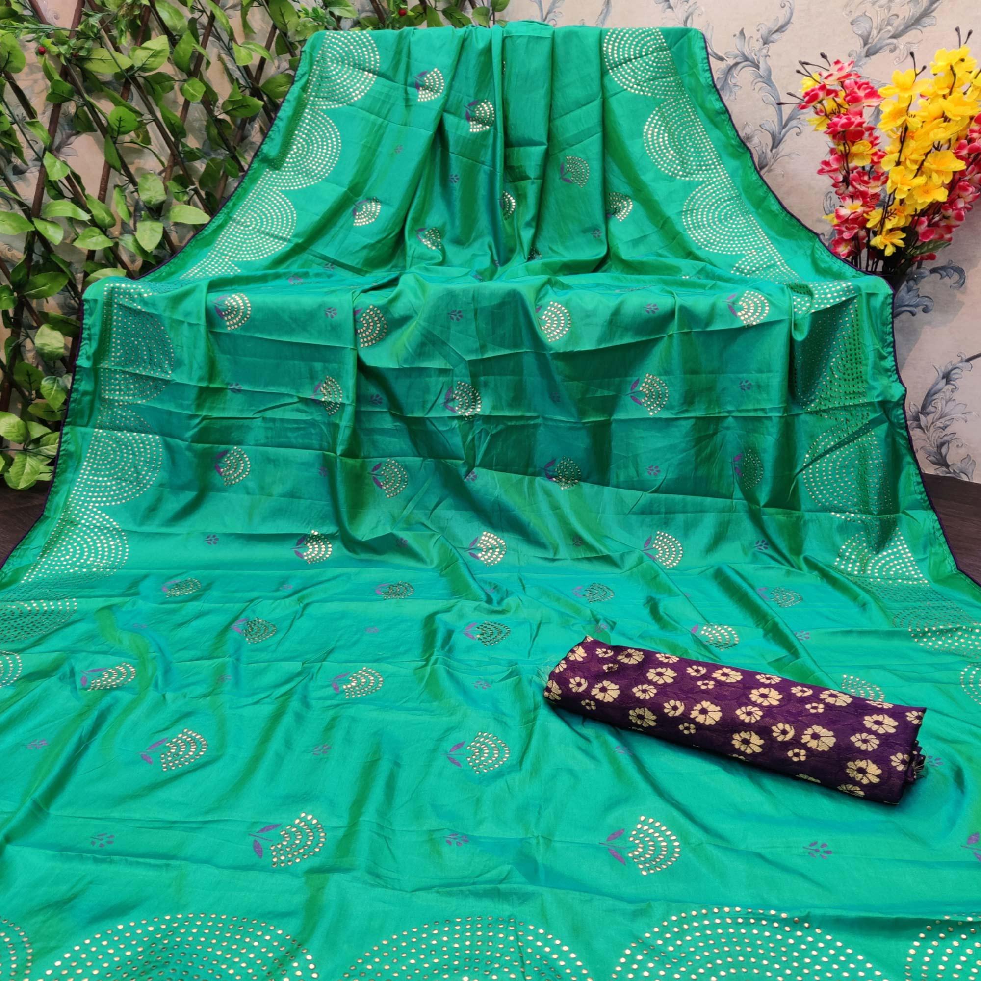 Pretty Rama Colored Partywear Foil Printed Art Silk Saree - Peachmode