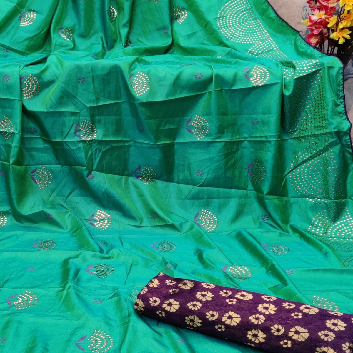Pretty Rama Colored Partywear Foil Printed Art Silk Saree - Peachmode