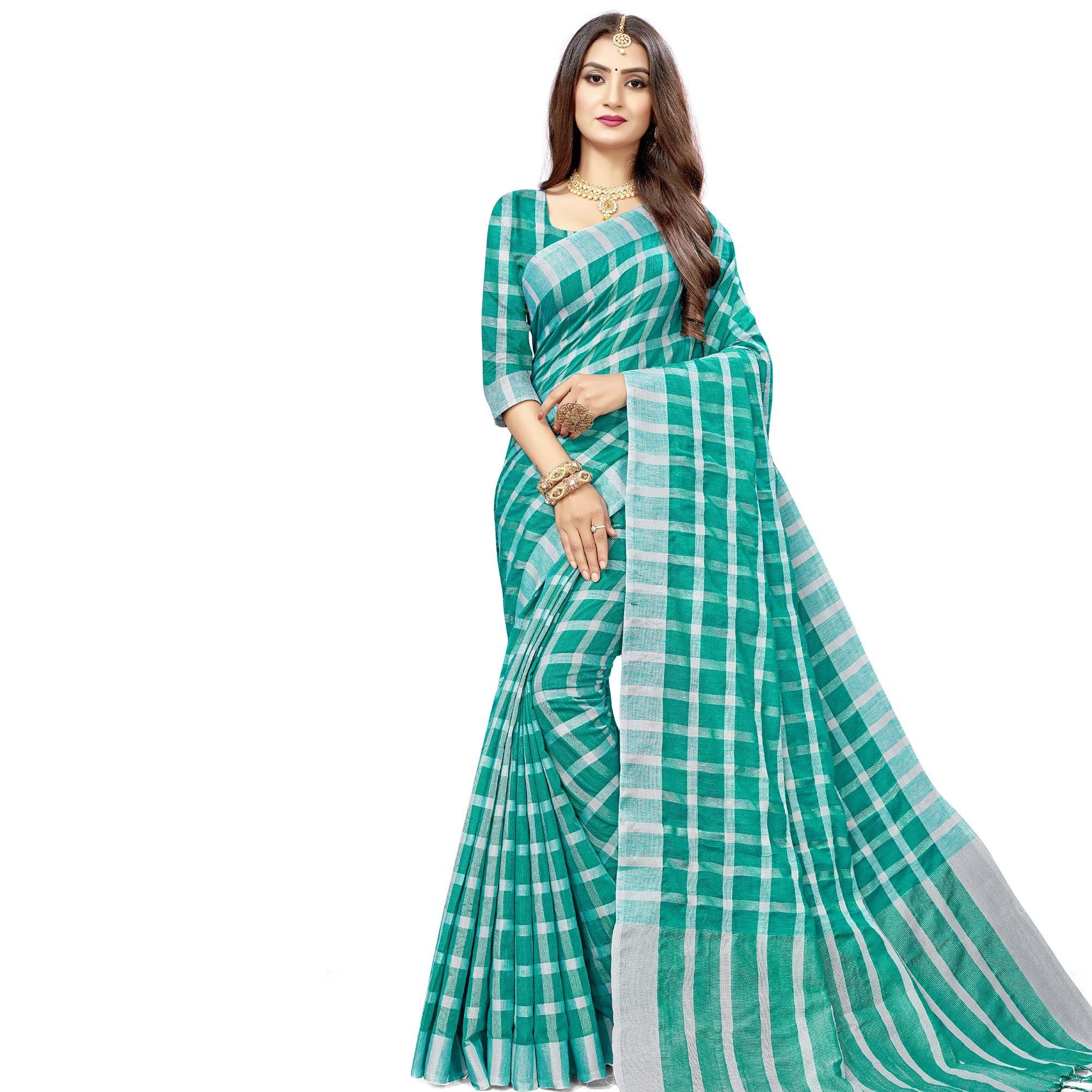 Pretty Rama Green Colored Fesive Wear Checks Print Cotton Silk Saree With Tassels - Peachmode