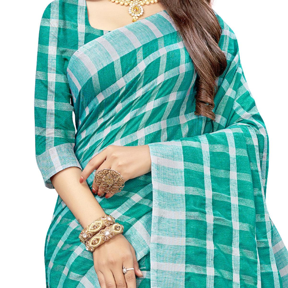 Pretty Rama Green Colored Fesive Wear Checks Print Cotton Silk Saree With Tassels - Peachmode