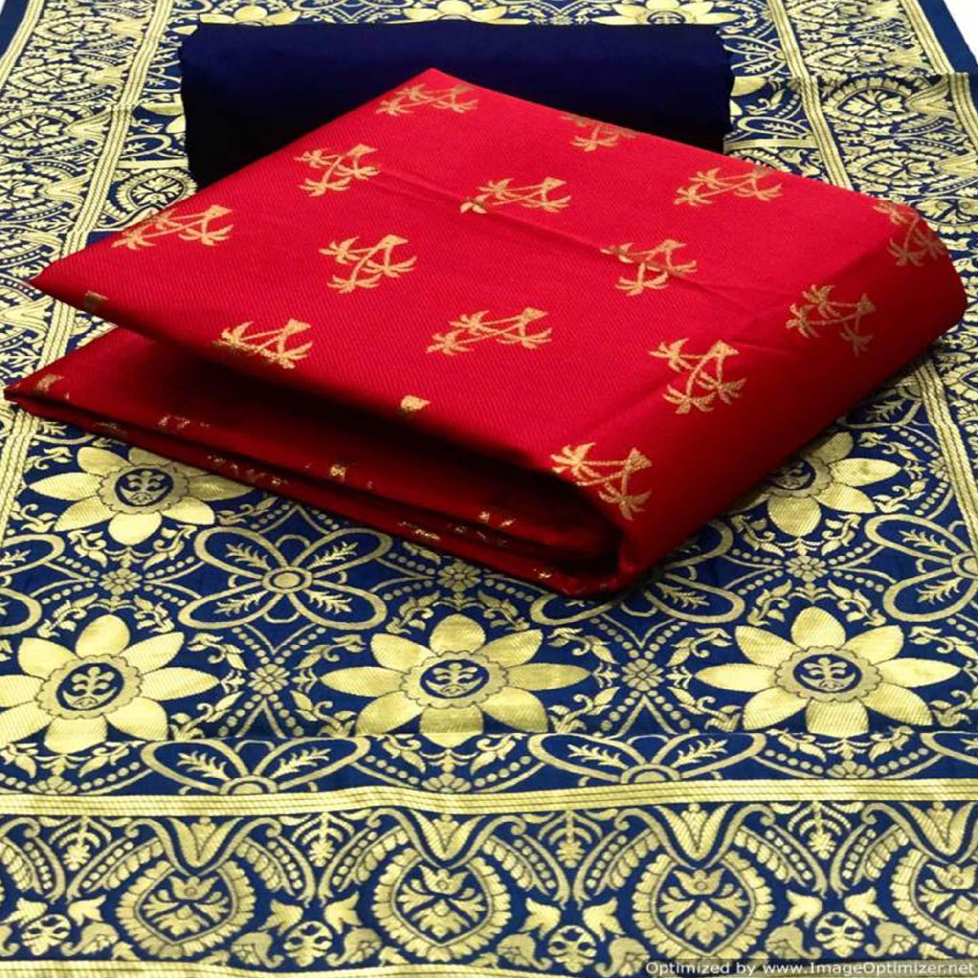 Pretty Red Colored Casual Wear Banarasi Silk Dress Material - Peachmode