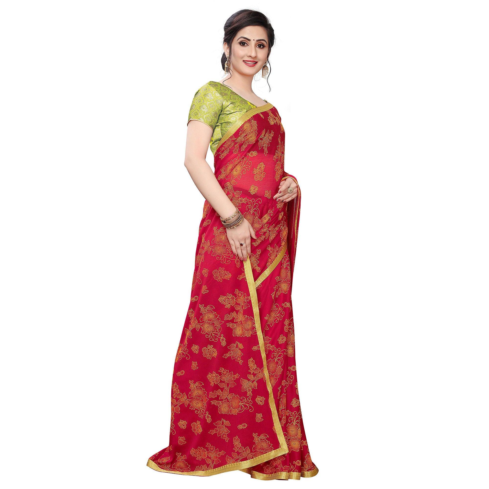 Pretty Red Colored Casual Wear Printed Art Silk Saree - Peachmode